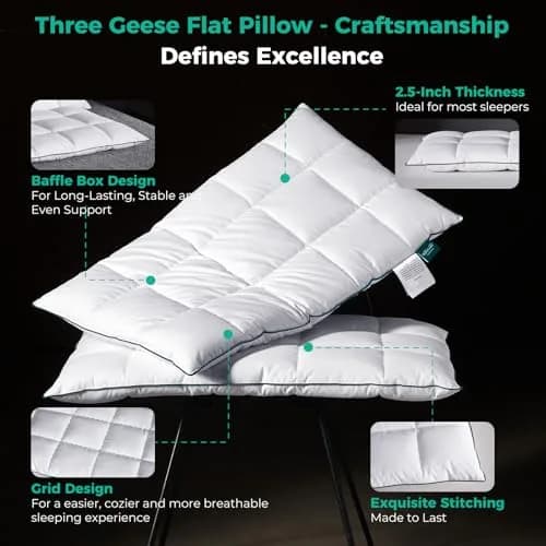 Three Geese Ultra Thin Flat Goose Down Feather Pillow Set of 2 | 2.5" Height, 100% Cotton Cover, Ergonomic Support for Sleep & Travel thumbnail 7