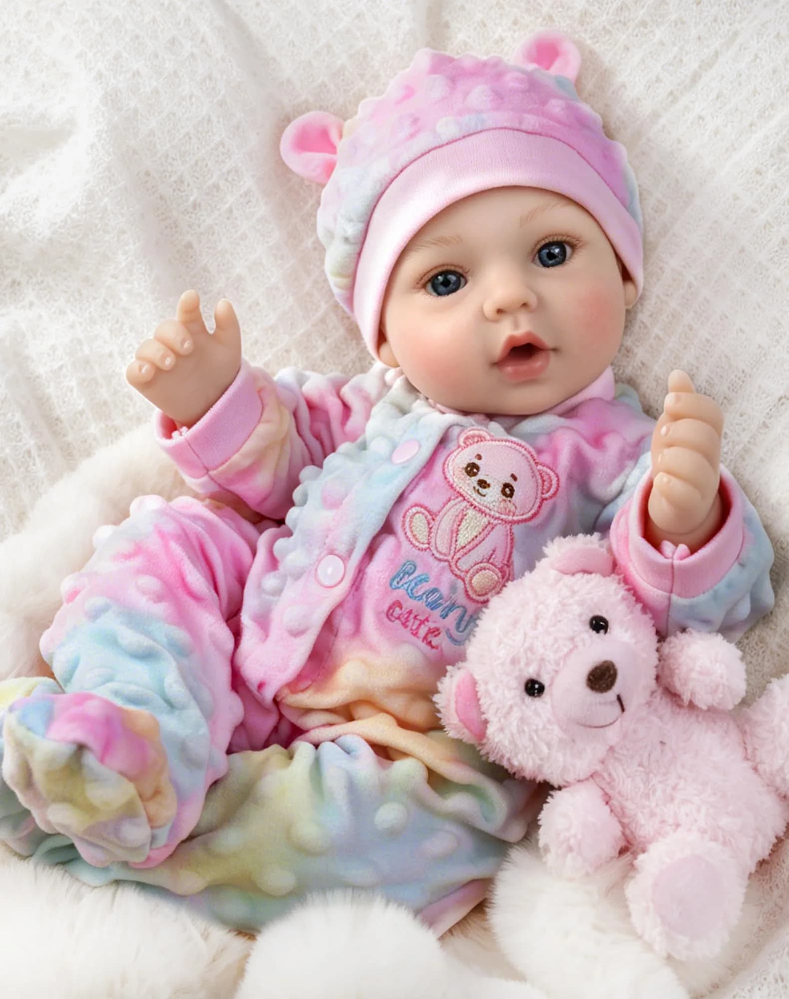 UOFTKIZ Realistic Baby Doll 17 Inch Soft Cloth Body with Purple Rabbit Outfit | Pretend Play Toy for Ages 3+ — 18-in Pink Bear