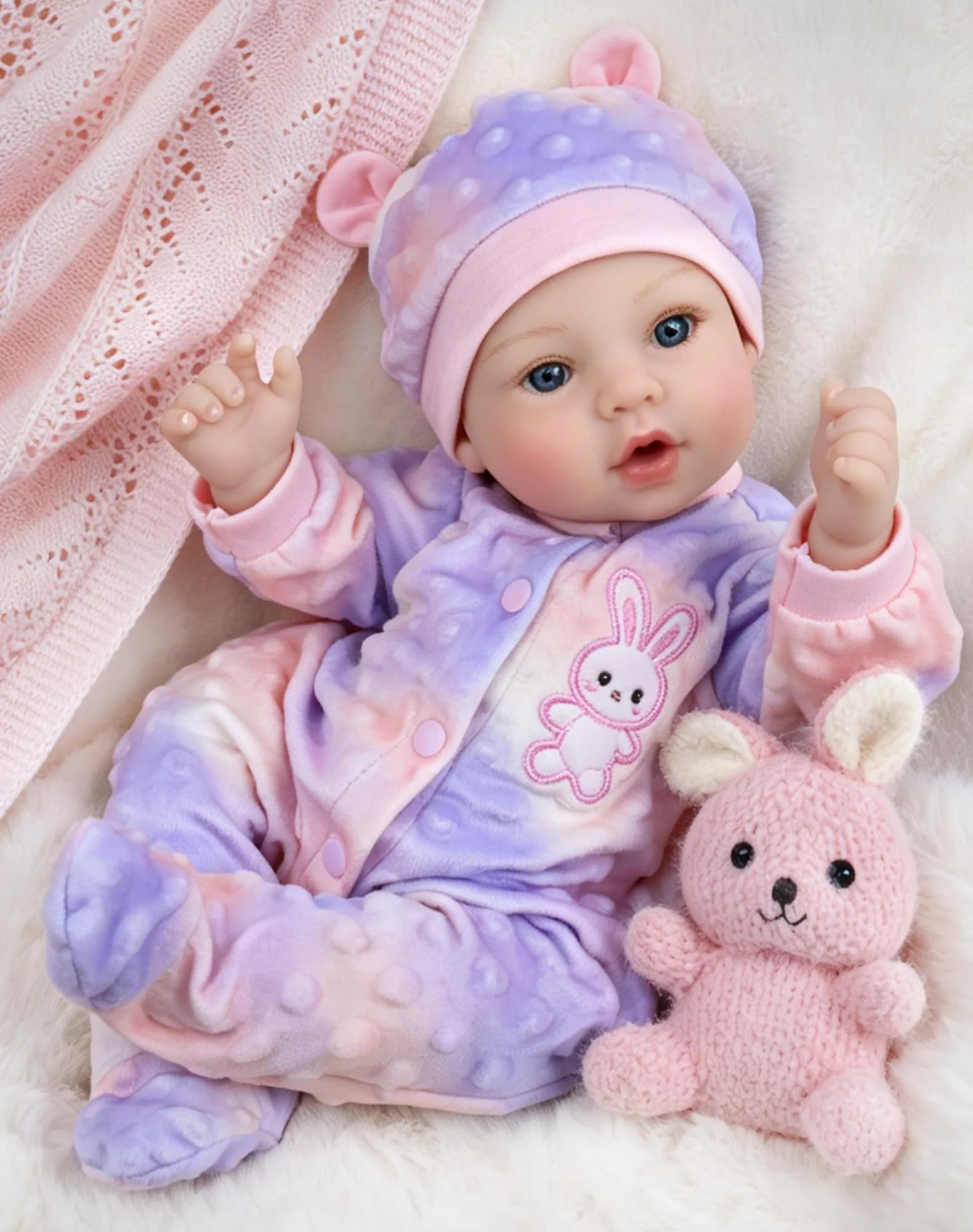 UOFTKIZ Realistic Baby Doll 17 Inch Soft Cloth Body with Purple Rabbit Outfit | Pretend Play Toy for Ages 3+ — 18-in Purple Rabbit