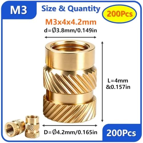 FFVRVSS M3 Brass Threaded Inserts Kit 200Pcs (M3x4x4.2mm) | Heat Set for 3D Printing thumbnail 2