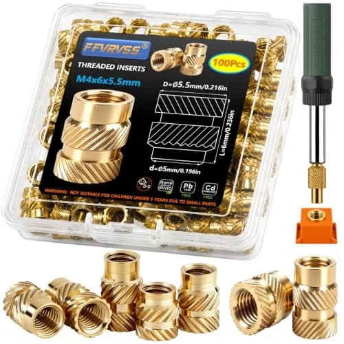 FFVRVSS M4x6x5.5 Brass Threaded Inserts Kit (100 Pcs) | Heat Set for 3D Printing thumbnail 1