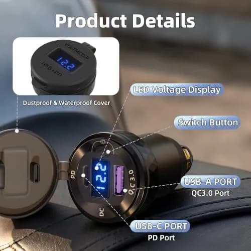 DaierTek Waterproof DIN/Hella USB Charger Adapter 12V | Fast Charging, Blue LED, Motorcycle Compatible thumbnail 2