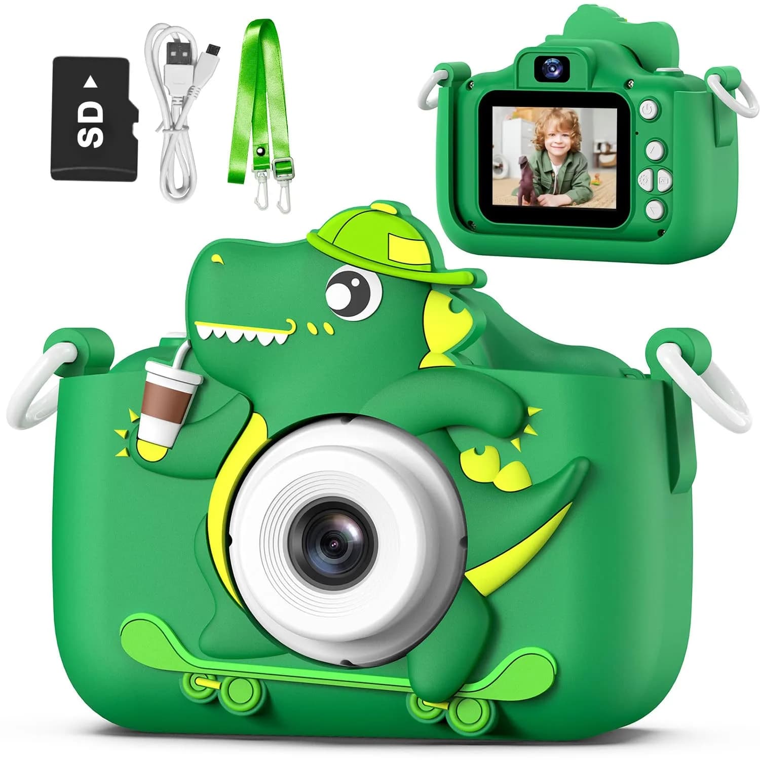 Goopow Kids Digital Camera Toy with Cartoon Cover & SD Card Included | 1080p Video, 8x Digital Zoom, Rechargeable Battery, for Ages 3-8