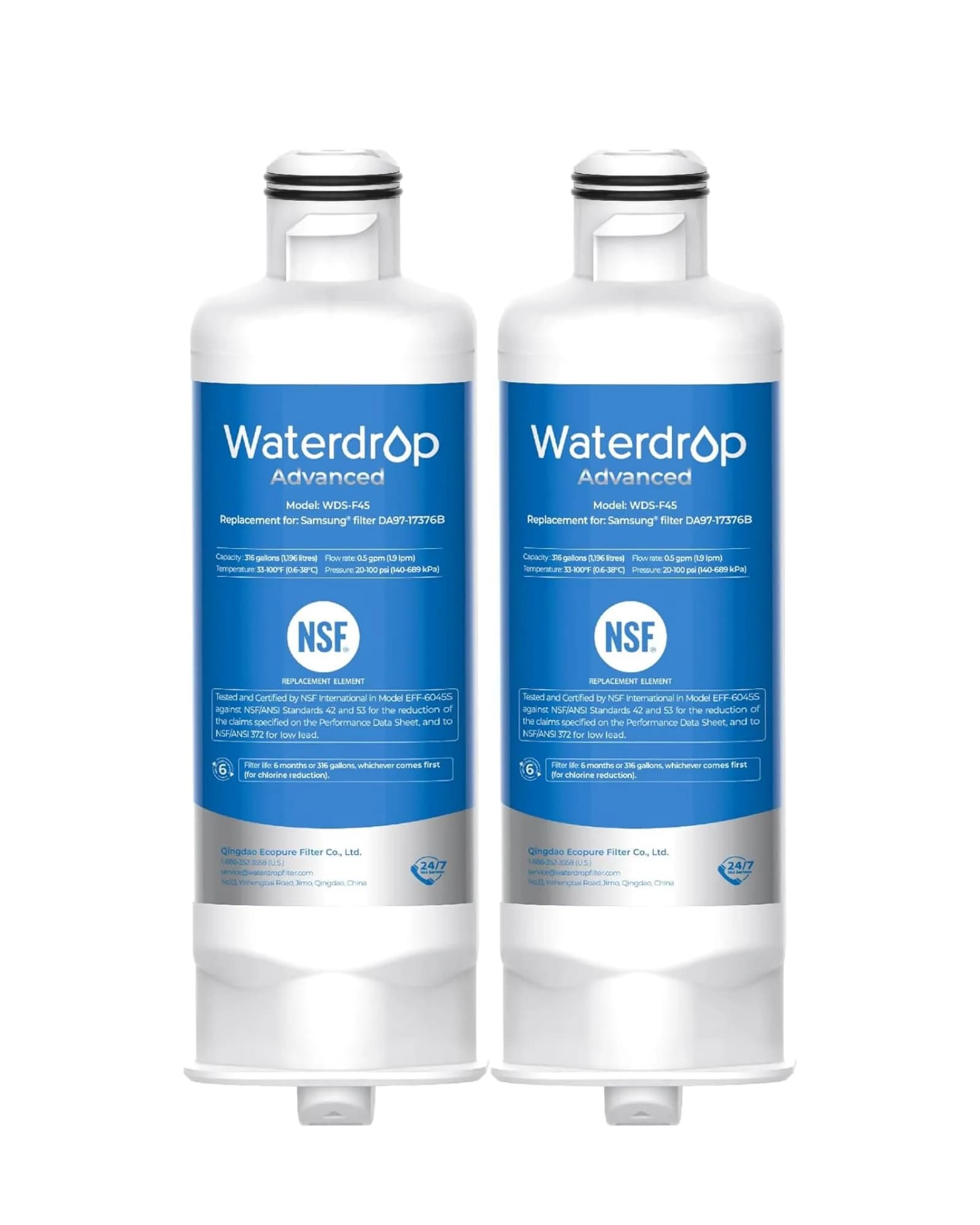 Waterdrop WDS-F45 Refrigerator Water Filter 2 Pack | NSF 53 & 42 Certified for Lead, Benzene, Mercury Reduction — Heavy Metals Removal (Pro)