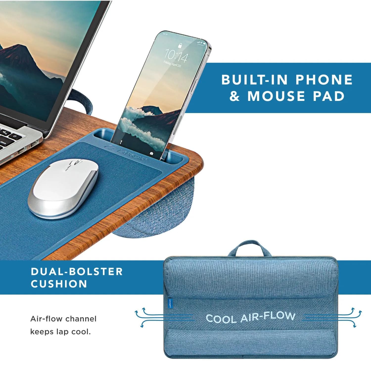 LapGear Home Office Lap Desk with Device Ledge, Mouse Pad, and Phone Holder, Espresso Blue | Work Comfortably Anywhere thumbnail 3