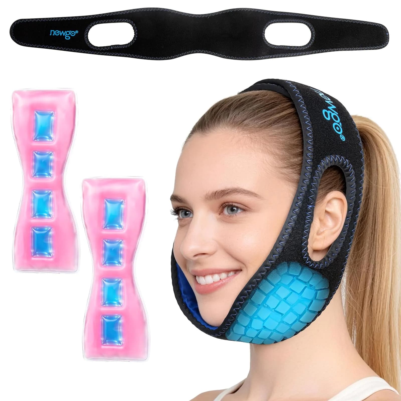 NEWGO Wisdom Teeth Ice Pack Head Wrap with 4 Gel Packs | Adjustable Black Pain Relief — Black With Ear Hole
