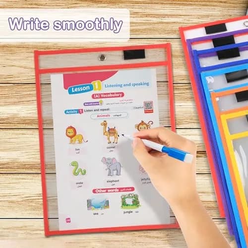 Ufamrine 30 Pcs Dry Erase Pockets Sleeves Colorful, Job Ticket Holders 25cm x 33cm (10" x 13") | Reusable Plastic Sleeves for Teachers thumbnail 5