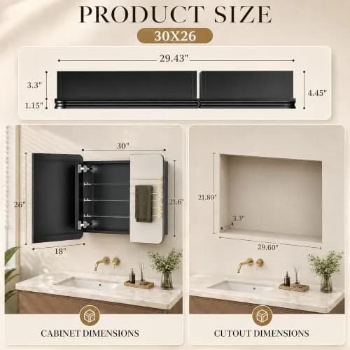 GoTiling 30x26 Black Medicine Cabinet with Mirror, Recessed & Surface Mount | Adjustable Shelves, Aluminum Frame thumbnail 2