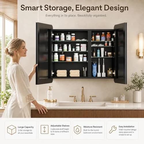 GoTiling 30x26 Black Medicine Cabinet with Mirror, Recessed & Surface Mount | Adjustable Shelves, Aluminum Frame thumbnail 3