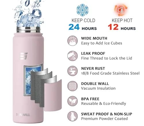 SUNWILL Insulated Water Bottle with Straw & Chug Lid, 22 oz Stainless Steel | Double-Wall Vacuum Insulation for Hot & Cold Drinks thumbnail 3