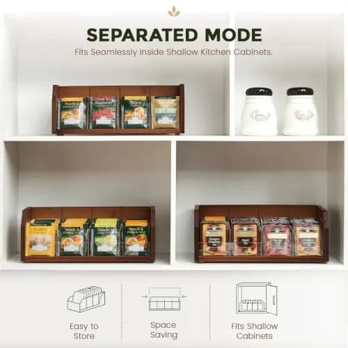 TIOPGHAD 3-Layer Bamboo Tea Bag Organizer Storage Holder, Brown | Stackable, Removable Compartments, 260 Tea Bags Capacity thumbnail 8