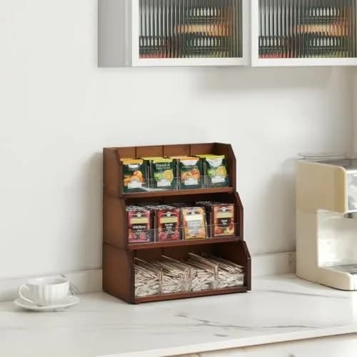 TIOPGHAD 3-Layer Bamboo Tea Bag Organizer Storage Holder, Brown | Stackable, Removable Compartments, 260 Tea Bags Capacity thumbnail 4