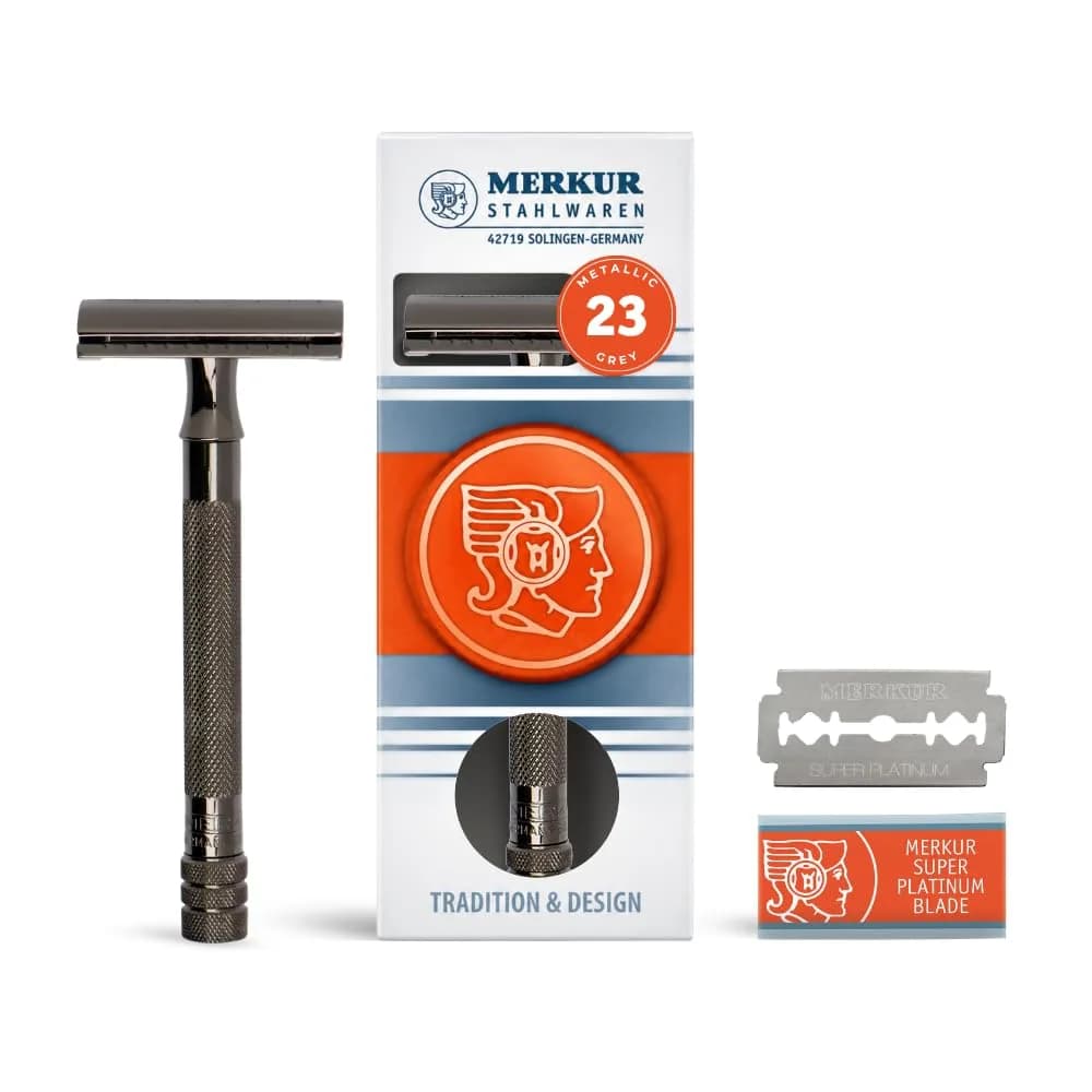 MERKUR 23C Double-Edge Safety Razor for Men, Metallic Grey Long Handle | German Craftsmanship for a Smooth, Plastic-Free Shave