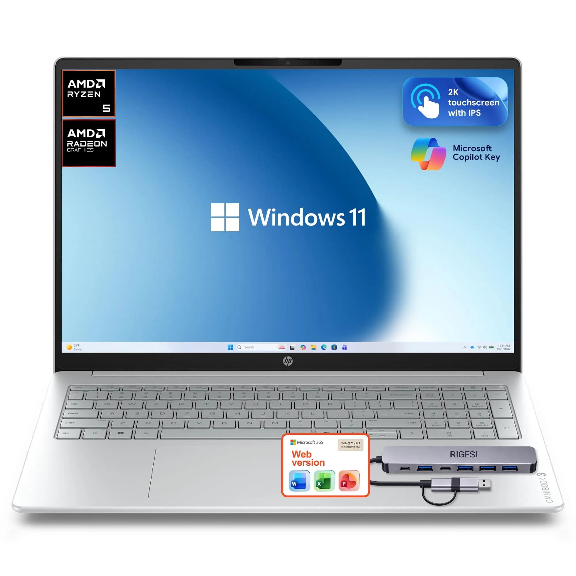 HP OmniBook 3 Flagship 16" 2K Touchscreen Laptop Bundle with Docking Station, AMD Ryzen 5, 16GB RAM, 1TB PCIe SSD, IPS, WiFi 6, AI Copilot, Windows 11 Pro - main product image