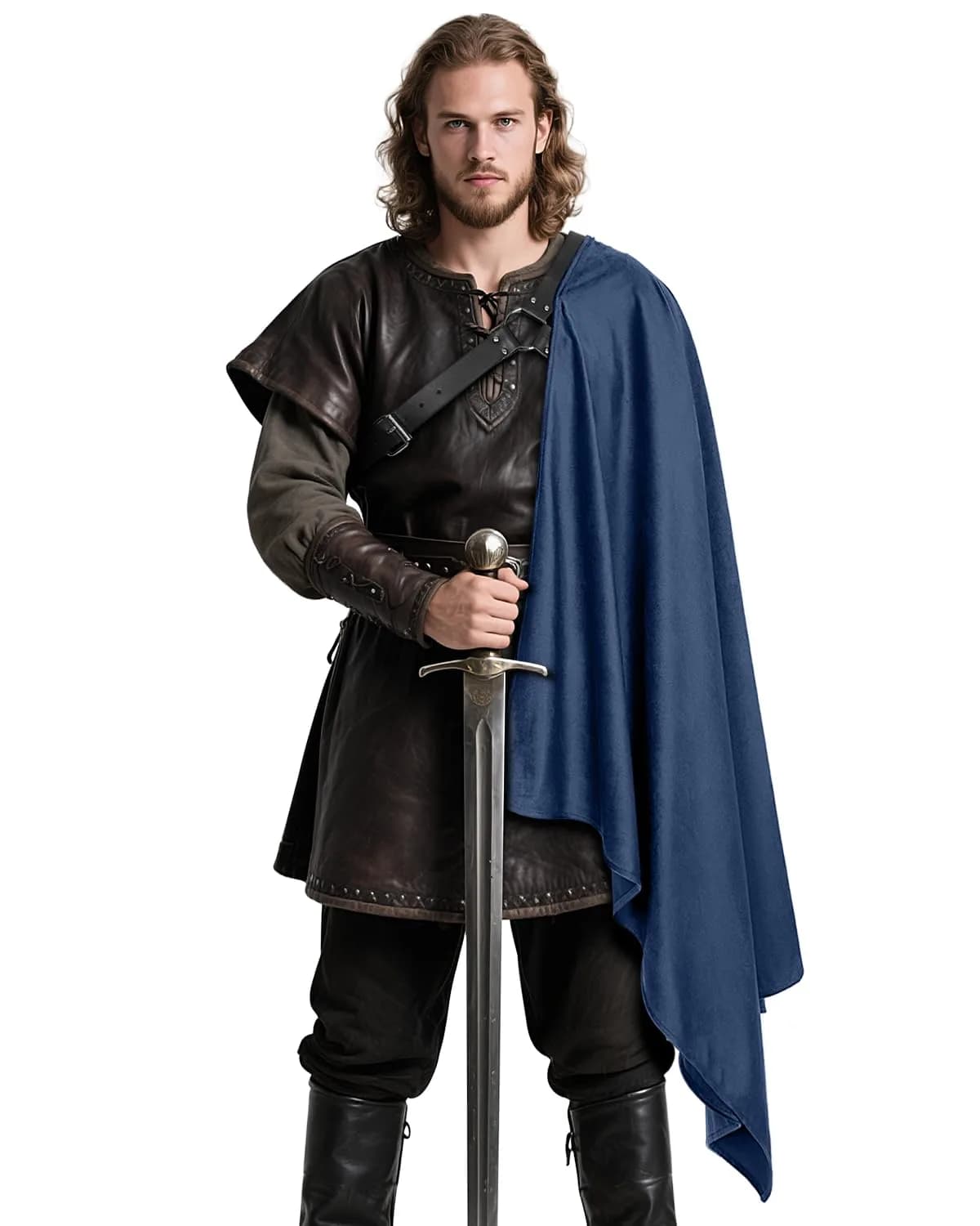 L'VOW Medieval Half Shoulder Cape Knight Cloak with Belt, Black | Vintage Costume Accessory for Men & Women — Blue