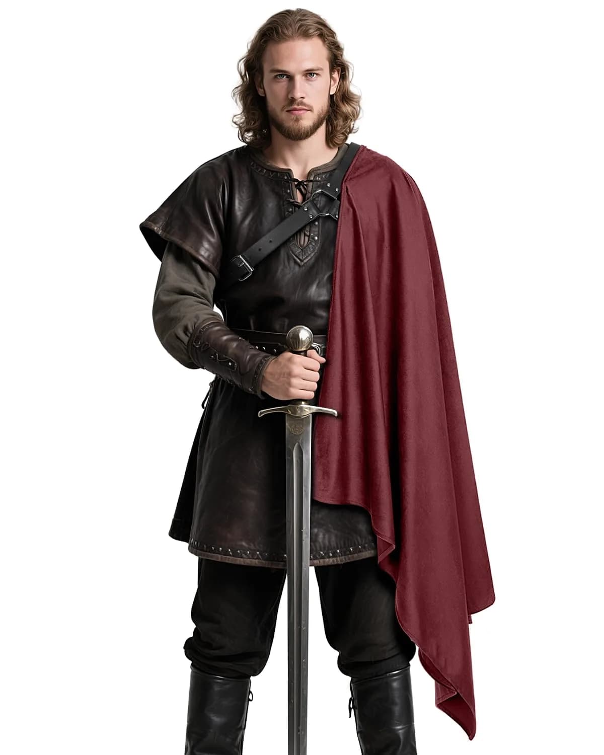 L'VOW Medieval Half Shoulder Cape Knight Cloak with Belt, Black | Vintage Costume Accessory for Men & Women — Red