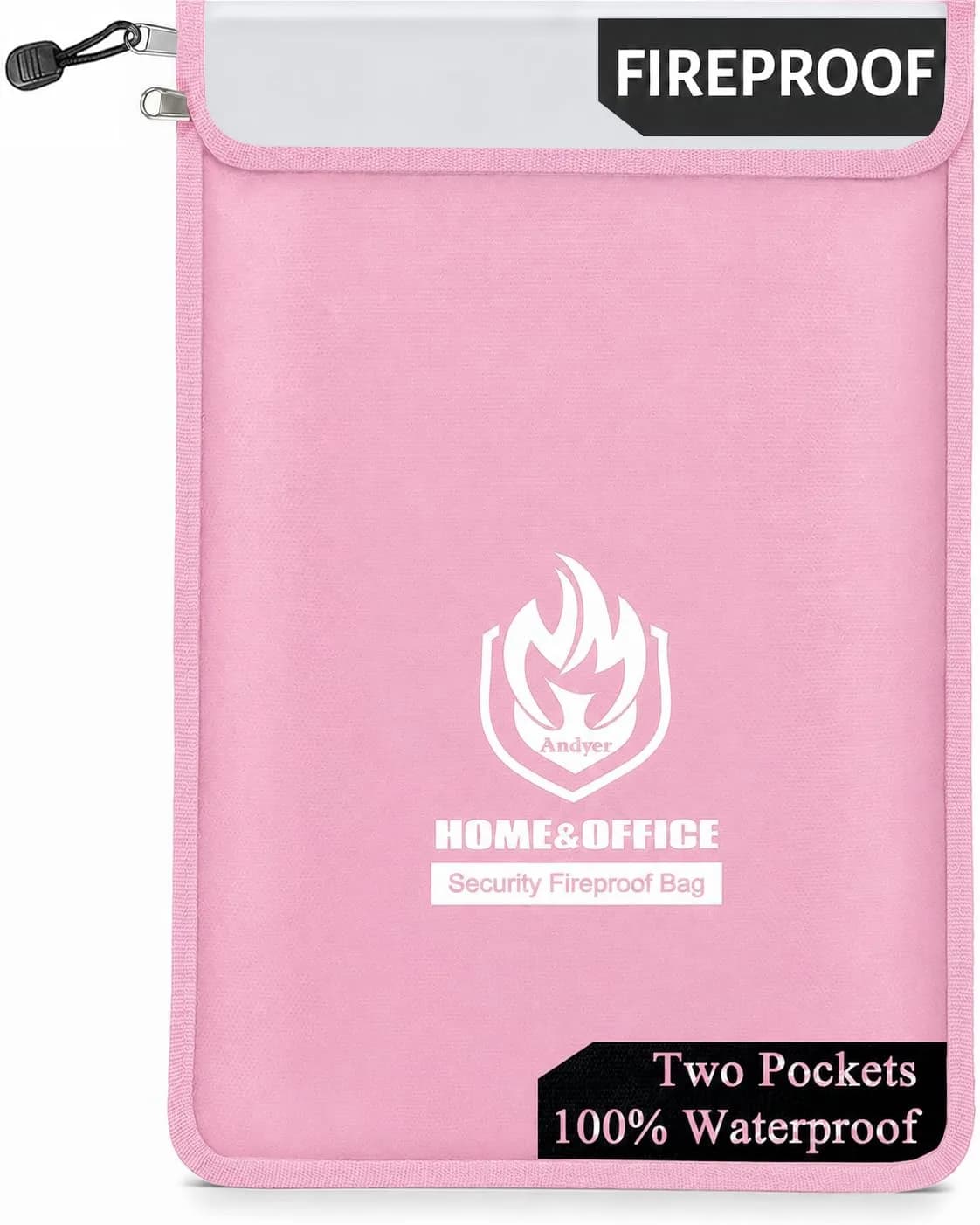andyer 2 Pockets Fireproof Document Bag 38cm x 28cm (15"x11") | UL Certified Fire & Water Resistant — Pink