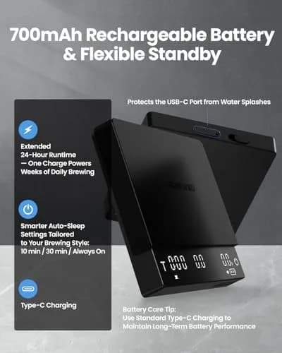 MHW-3BOMBER Upgrade 3.0 Mini Pro Espresso Coffee Scale with Timer & Flow Rate 10.2cm x 10.2cm x 1.8cm | Precision 0.1g for Pour Over thumbnail 5