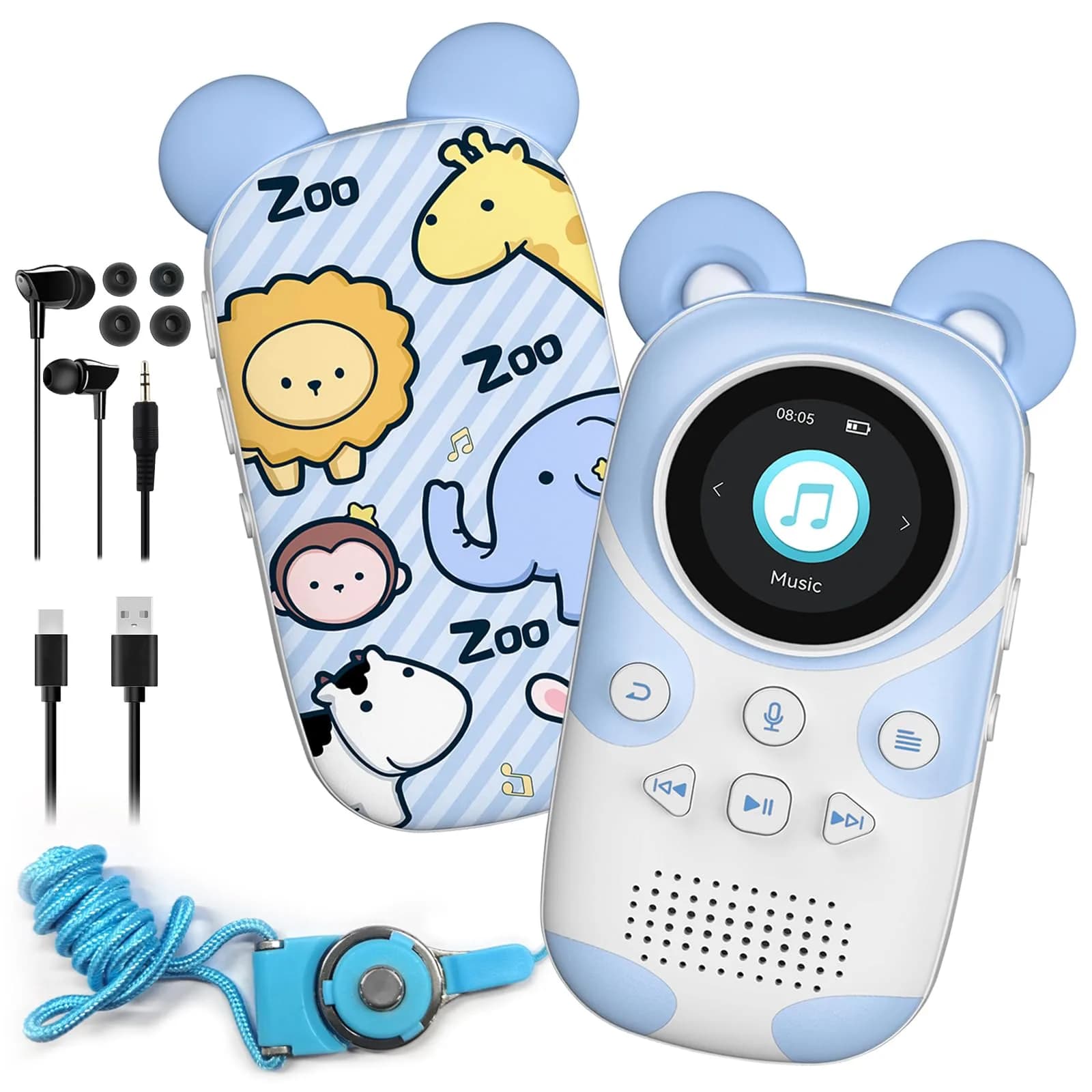 RUIZU Cute Panda MP3 Player for Kids 64GB | Bluetooth 5.3, Built-in Speaker, Expandable to 128GB — Blue Zoo Lanyard