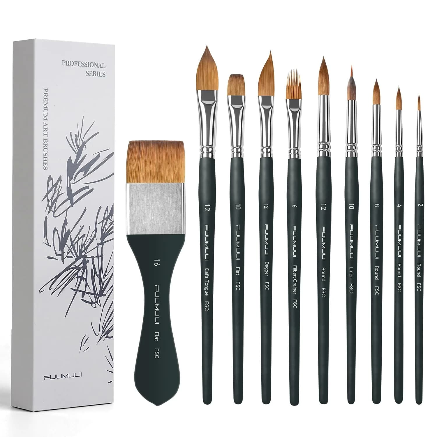 Fuumuui 7pcs Sable Watercolor Brush Set with Extended Needle, Round, Flat, Dagger, Cat's Tongue Shapes | Professional Artist Detail & Wash Painting — Black10