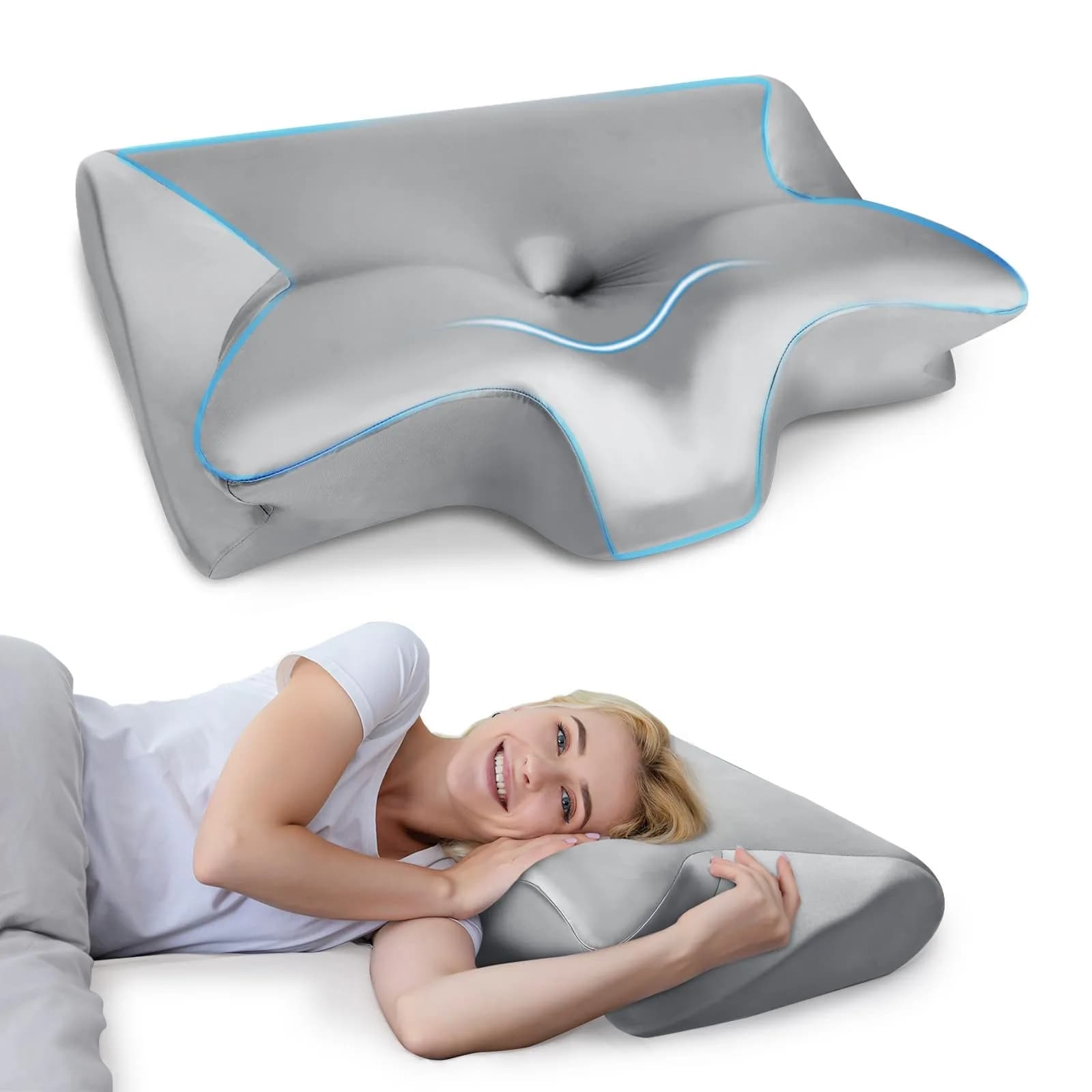 HOMCA Memory Foam Cervical Pillow 60cm (23.6") x 40cm (15.7") x 12cm (4.7") | CertiPUR-US Certified for Neck Pain Relief — Satin Gray