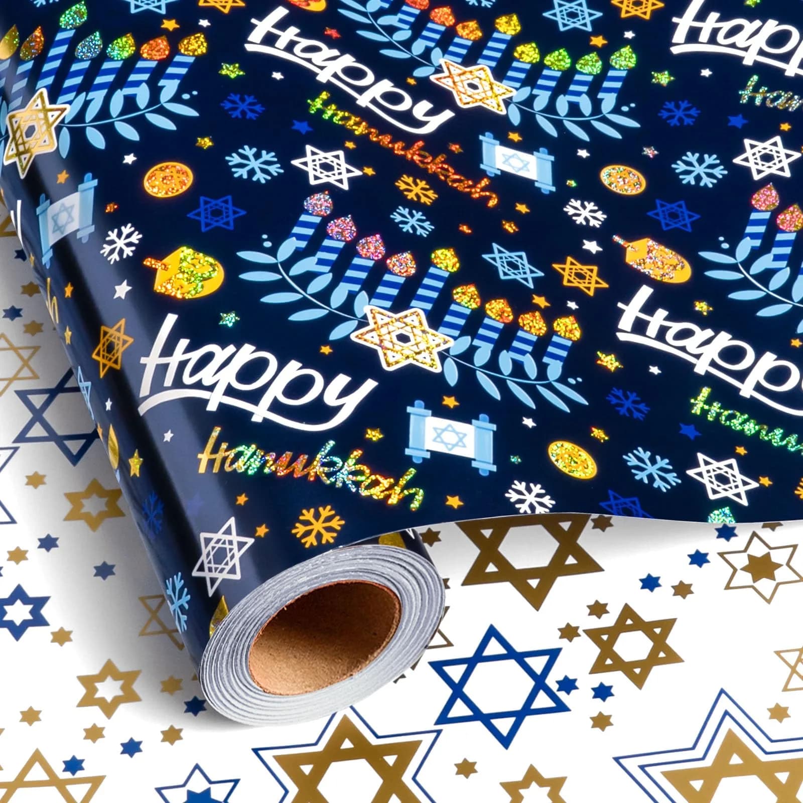 Yarcony Hanukkah Wrapping Paper, Holographic Blue | Reversible Festive Gift Wrap 17in x 33ft - main product image