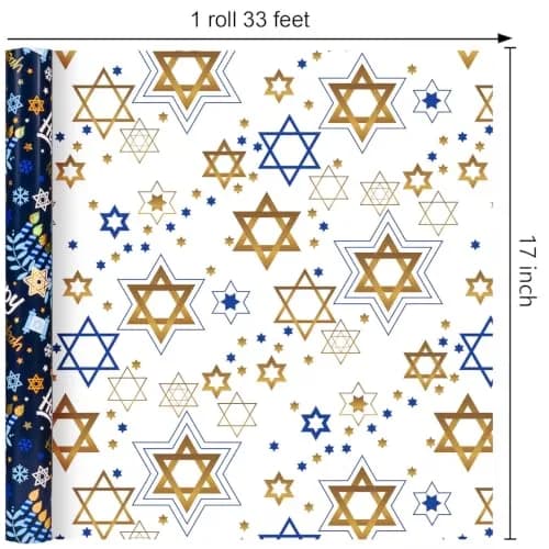Yarcony Hanukkah Wrapping Paper, Holographic Blue | Reversible Festive Gift Wrap 17in x 33ft thumbnail 4