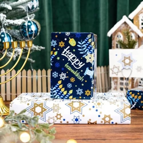 Yarcony Hanukkah Wrapping Paper, Holographic Blue | Reversible Festive Gift Wrap 17in x 33ft thumbnail 7