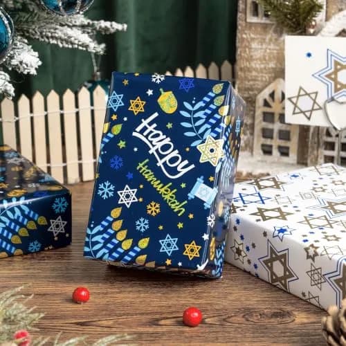 Yarcony Hanukkah Wrapping Paper, Holographic Blue | Reversible Festive Gift Wrap 17in x 33ft thumbnail 8