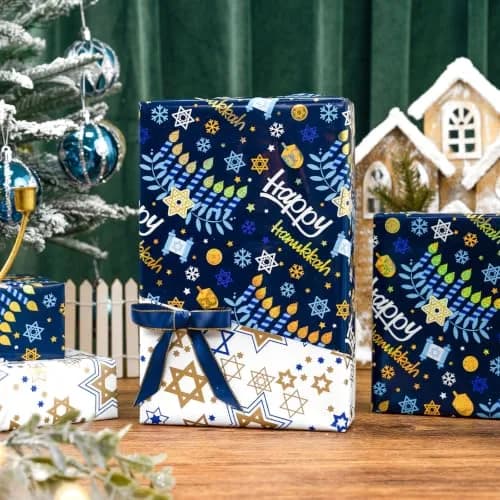 Yarcony Hanukkah Wrapping Paper, Holographic Blue | Reversible Festive Gift Wrap 17in x 33ft thumbnail 2