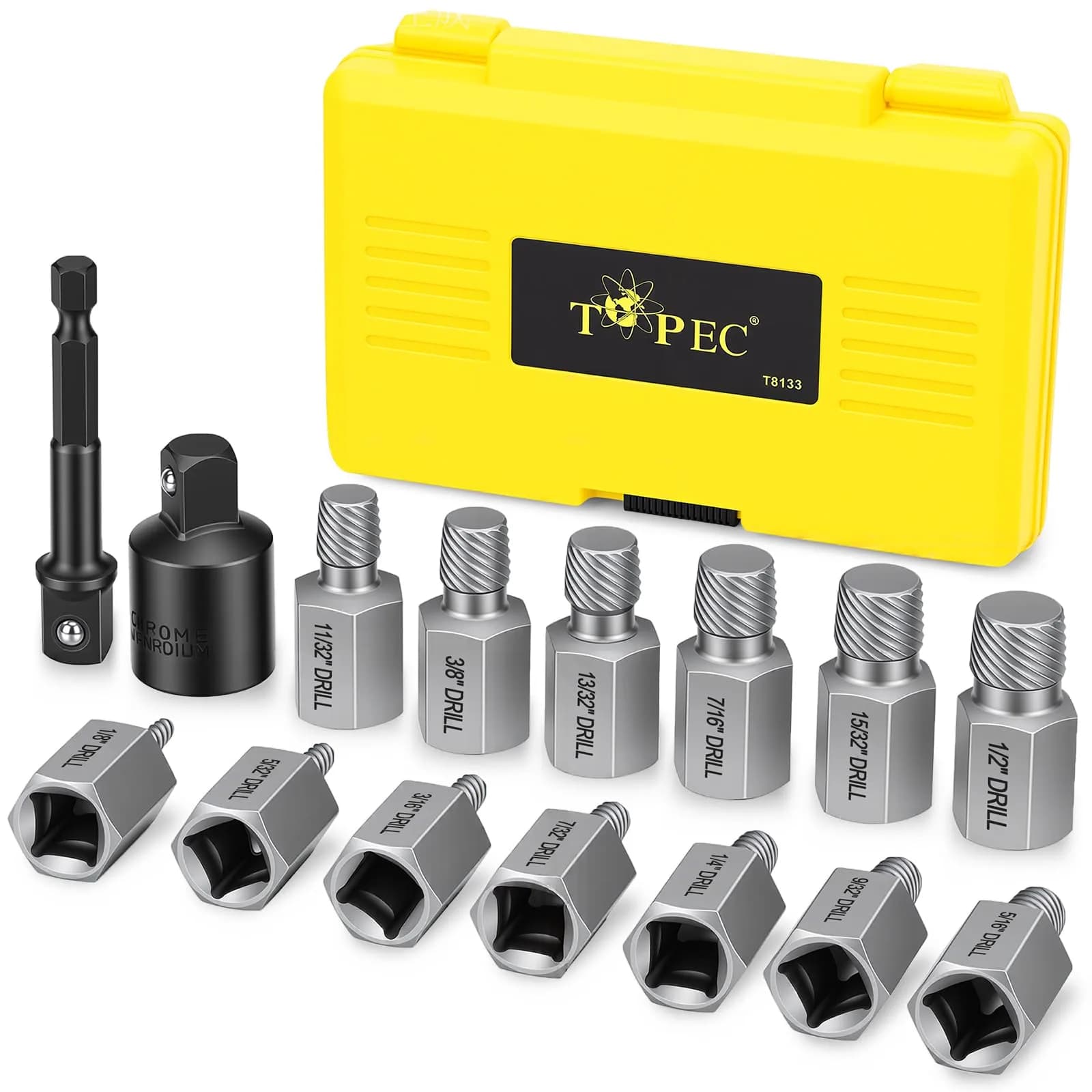 Topec 25Pcs Screw Extractor Set, Multi-Spline Easy Out Bolt Extractor Kit | Heat-Treated CR-MO Steel for Broken, Stripped, Rounded Bolts & Screws — 15-Piece 3/8'' Dr.