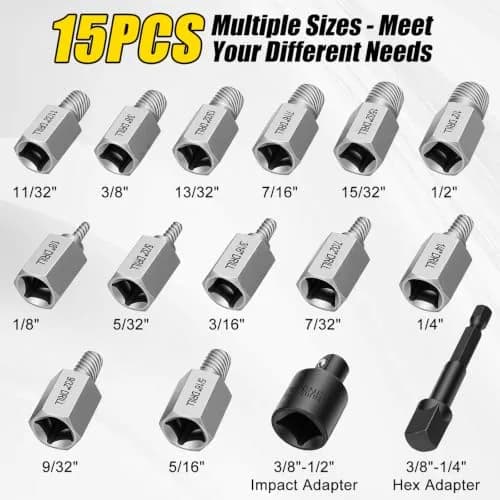 Topec 15-Piece Easy Out Screw Extractor Set 3/8'' Drive | Removes Broken, Rounded, Stripped Bolts & Screws thumbnail 3
