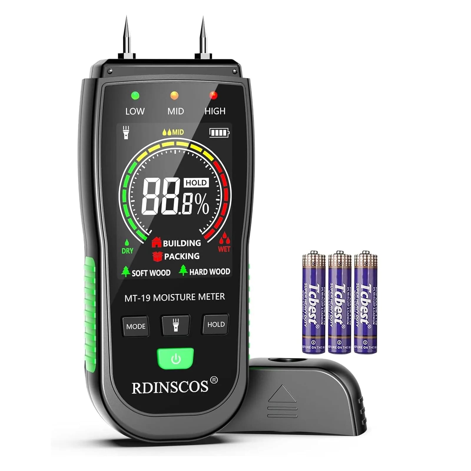 RDINSCOS Digital Moisture Meter Pin-Type Wood Moisture Detector 12mm Deep | 4 Modes for Wood, Drywall, Concrete — Orange