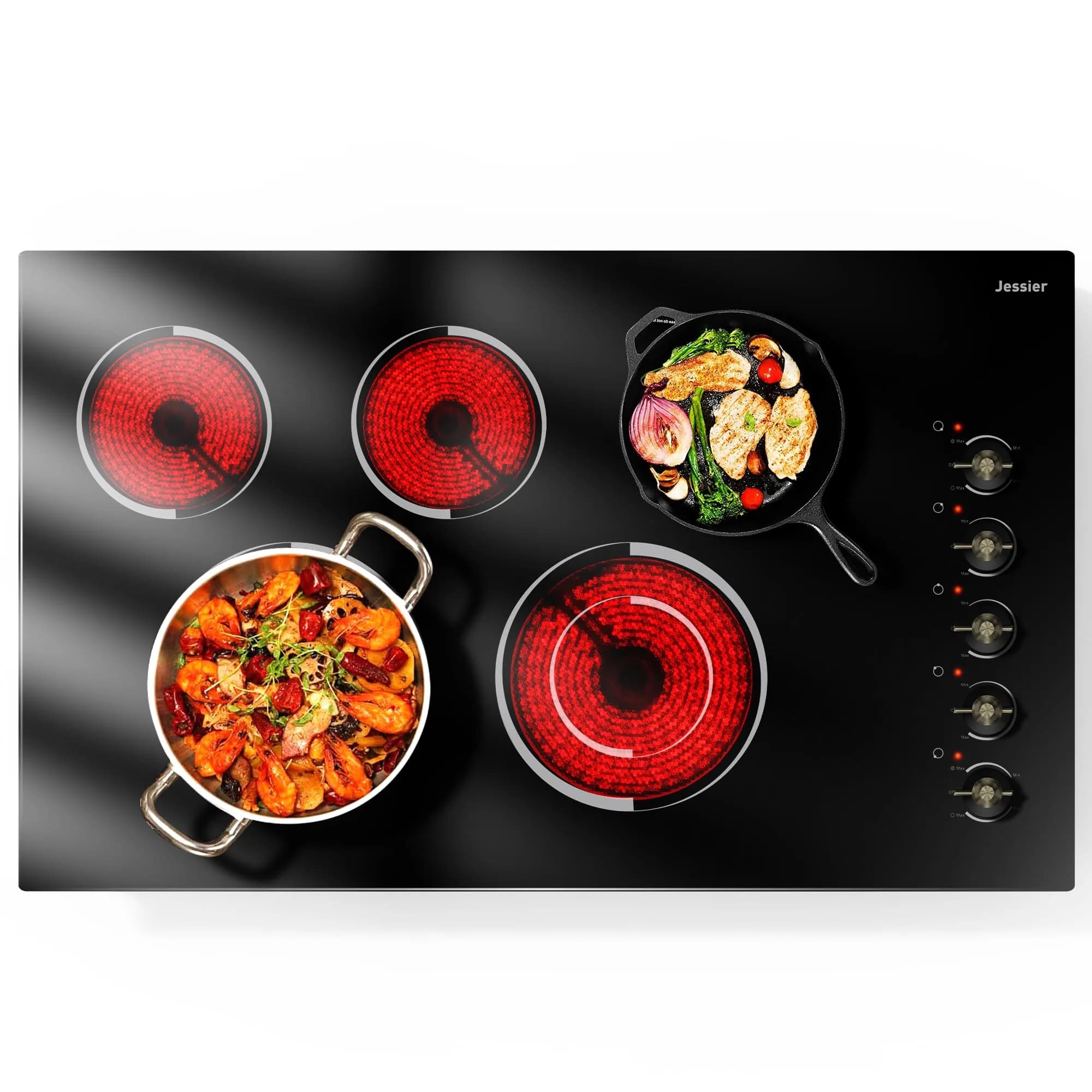 Jessier 30 Inch 8400W Electric Cooktop with 5 Burners & Dual Ring | 220V Built-In Ceramic Glass — 36 Inch 5 Burner / 220-240V / Knob