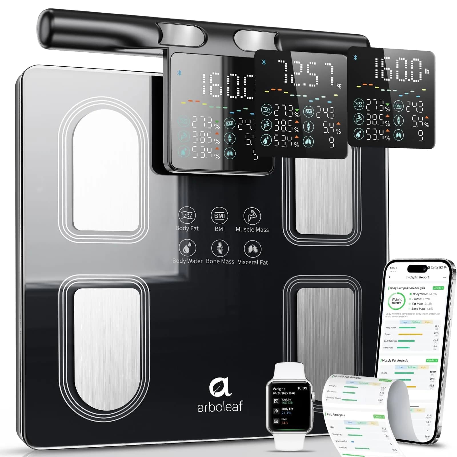 arboleaf Body Fat Scale for Body Weight 8-Electrode BMI | Full-Body Composition Tracker — Carbon Black