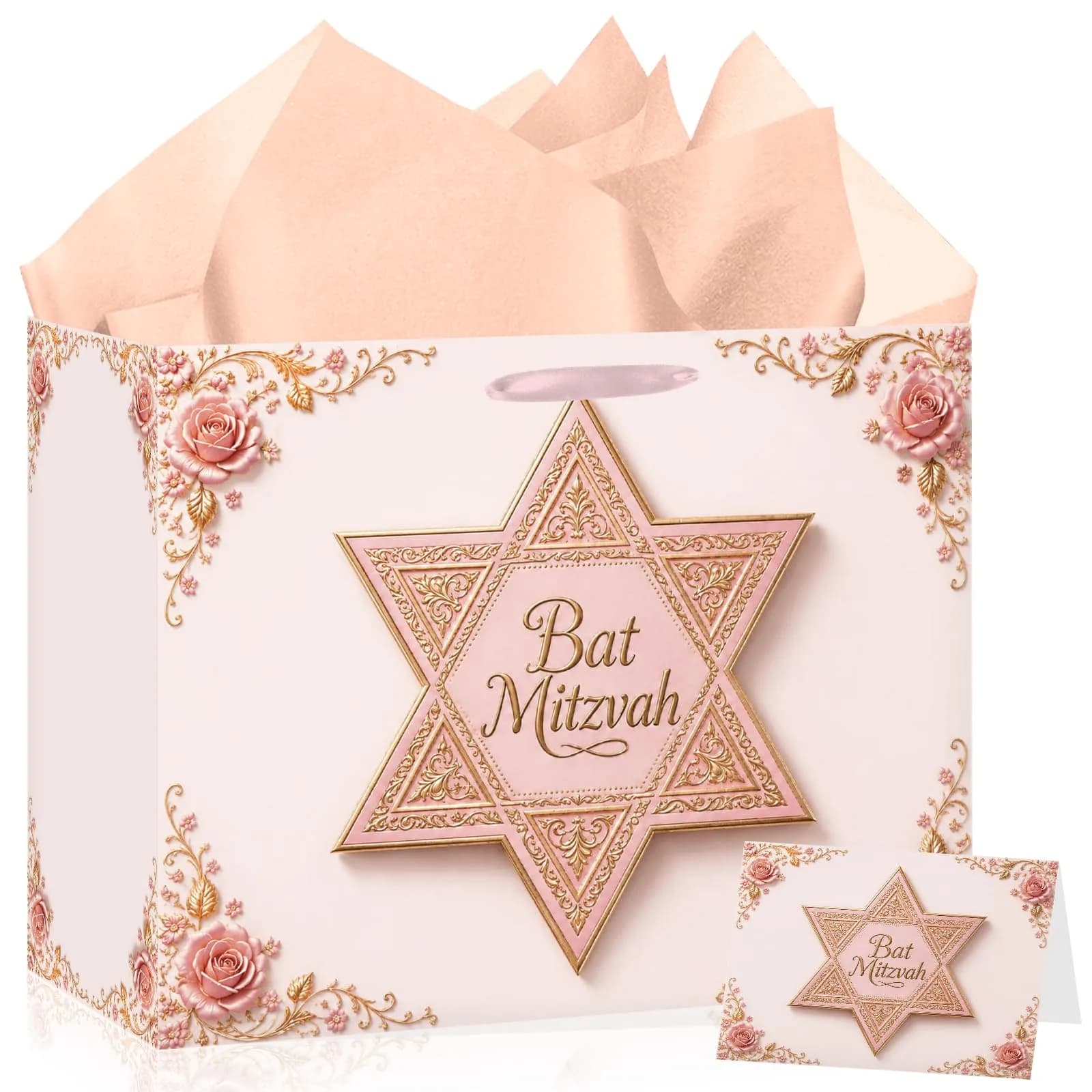 Papmiunm Bat Mitzvah Gift Bag Set Pink Rose Gold Star of David | Elegant Jewish Celebration - main product image