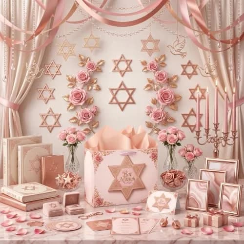 Papmiunm Bat Mitzvah Gift Bag Set Pink Rose Gold Star of David | Elegant Jewish Celebration thumbnail 4