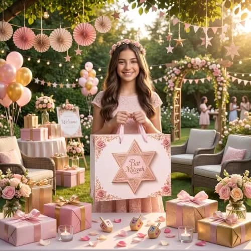 Papmiunm Bat Mitzvah Gift Bag Set Pink Rose Gold Star of David | Elegant Jewish Celebration thumbnail 5