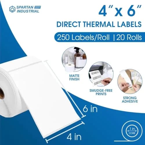 Spartan Industrial 4" x 6" Direct Thermal Labels (5000 Count, 20 Rolls) | Inkless Printing for Shipping & Returns thumbnail 2