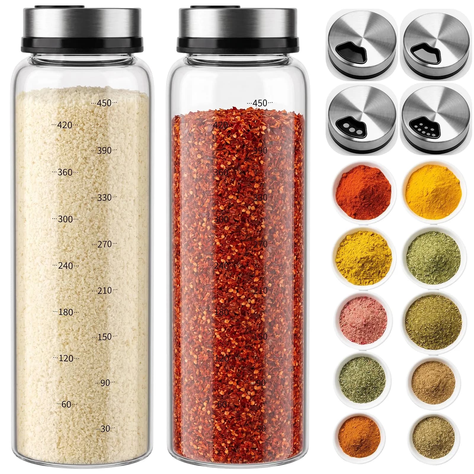 NiHome 2-Pack 10oz Glass Spice Shakers Set | Adjustable Lid Dispenser, Clear — Clear