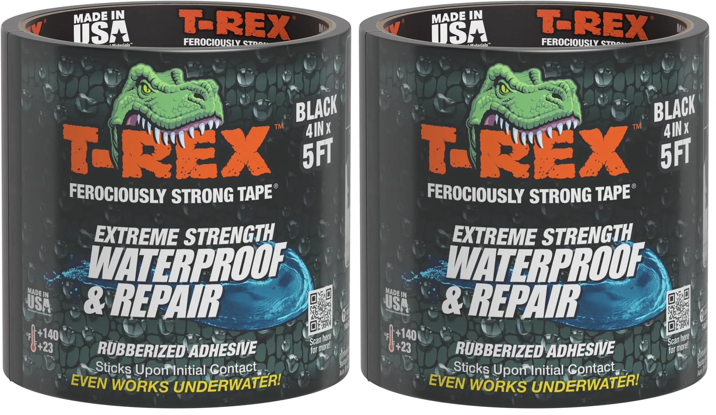 T-REX Heavy Duty Waterproof Repair Tape 2" x 5' (10 ft total) Black | Fixes Wet, Rough, Dirty Surfaces & Leaks — Negro