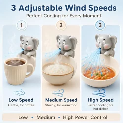 MIZSXF Cute Elephant Cooling Clip-On Mini Fan 8cm (3.15in) | 3-Speed Rechargeable for Cups & Bowls thumbnail 3