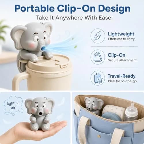 MIZSXF Cute Elephant Cooling Clip-On Mini Fan for Cup & Bowl, 72.6 g (2.56 oz) | 3-Speed Rechargeable Coffee Chiller thumbnail 4