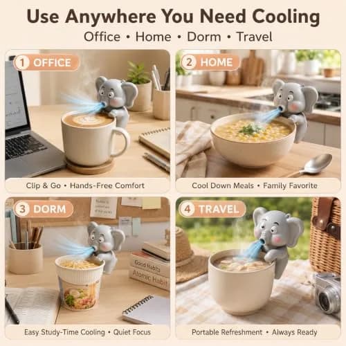 MIZSXF Cute Elephant Cooling Clip-On Mini Fan 8cm (3.15in) | 3-Speed USB Rechargeable for Hot Food & Drinks thumbnail 7