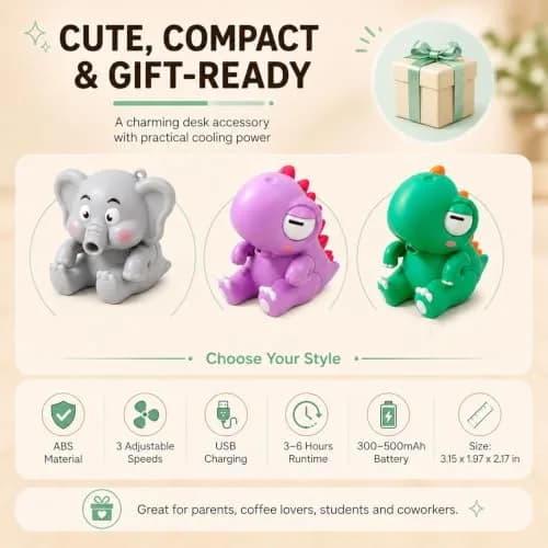 UWYJK Cute Elephant Cooling Fan 8cm (3.15in) | Rechargeable Clip-On for Cups & Bowls thumbnail 7