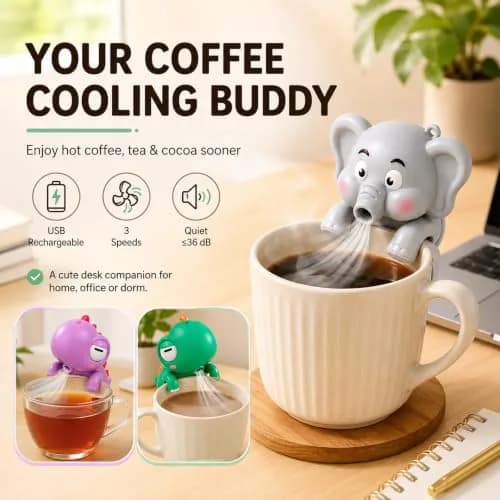 UWYJK Elephant Clip-On Mini Fan for Cups & Bowls, Rechargeable 3-Speed Portable Beverage Chiller 8cm (3.15in) | Quiet Operation ≤36dB thumbnail 4