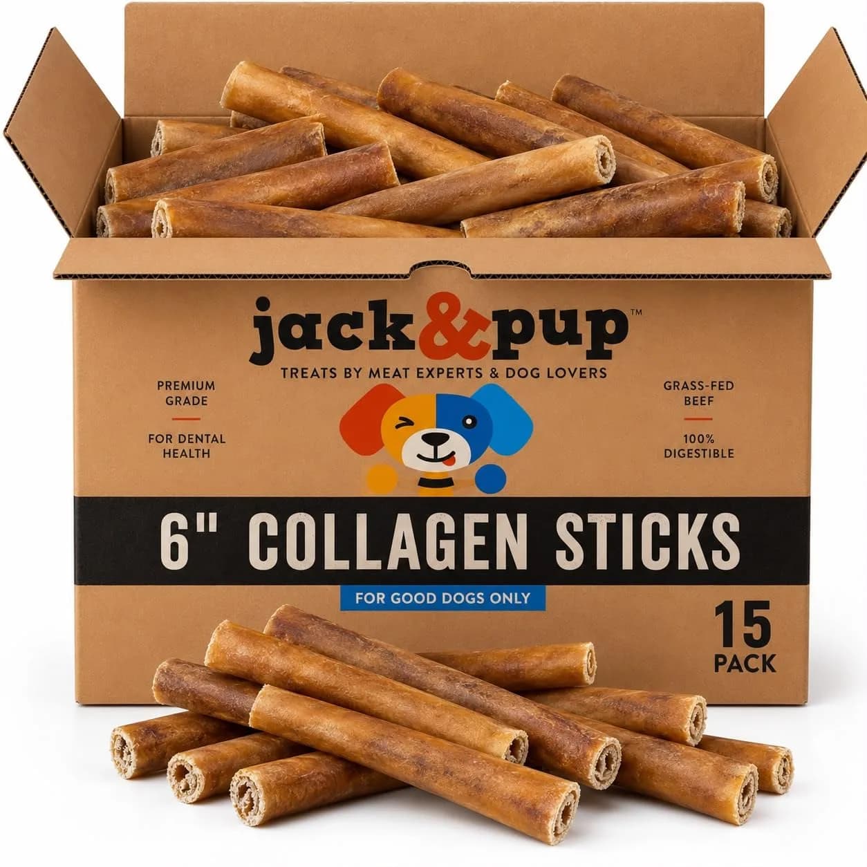 Jack&Pup Collagen Sticks for Dogs 15 Count | Long Lasting Beef Collagen Chews for Large Dogs