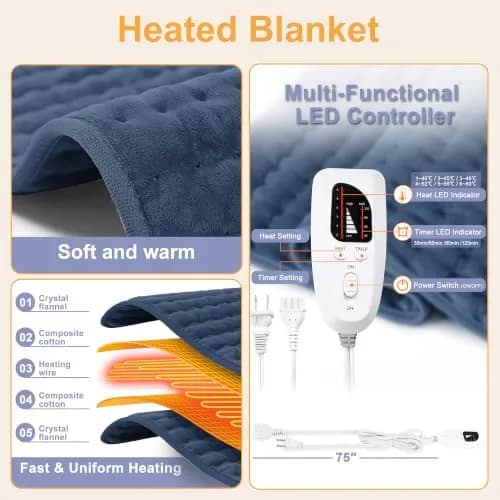 Deepsoon Electric Heating Pad 61cm x 30.5cm (24x12 in) | Soft Flannel with 6 Heat Settings & Auto Shut-Off thumbnail 7