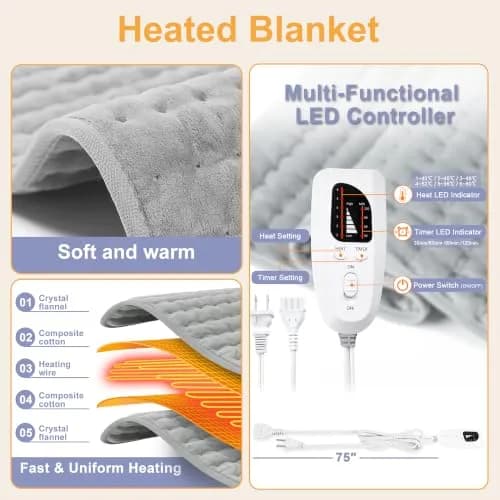 Deepsoon Electric Heating Pad 24x12 Inch Silvergray | 6 Heat Settings & 4 Timer thumbnail 7