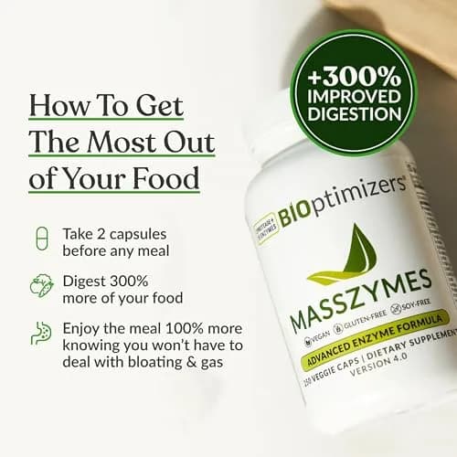 BIOptimizers MassZymes - Complete Digestive Enzymes Supplement for Gut Health - 250 Capsules (Pack of 2) | Bloating Relief & Energy Support thumbnail 5